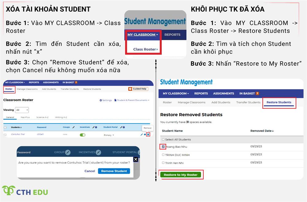 HDSD tài khoản teacher KidsA-Z cách xóa tài khoản student, khôi phục tài khoản student đã xóa